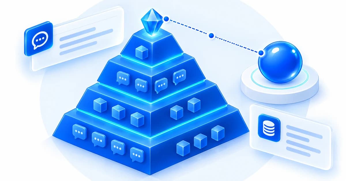 A four-tier blue isometric pyramid holding chat bubbles and data cubes, topped by a gem linked to an AI agent sphere, illustrating layered AI agent memory.