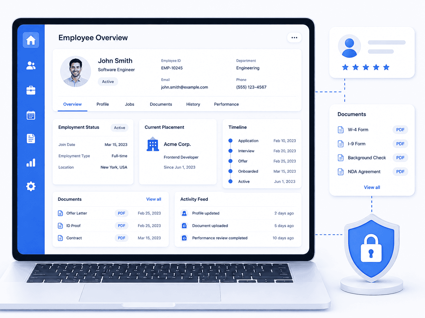 Employee overview screen with placement details, onboarding timeline, and compliance documents