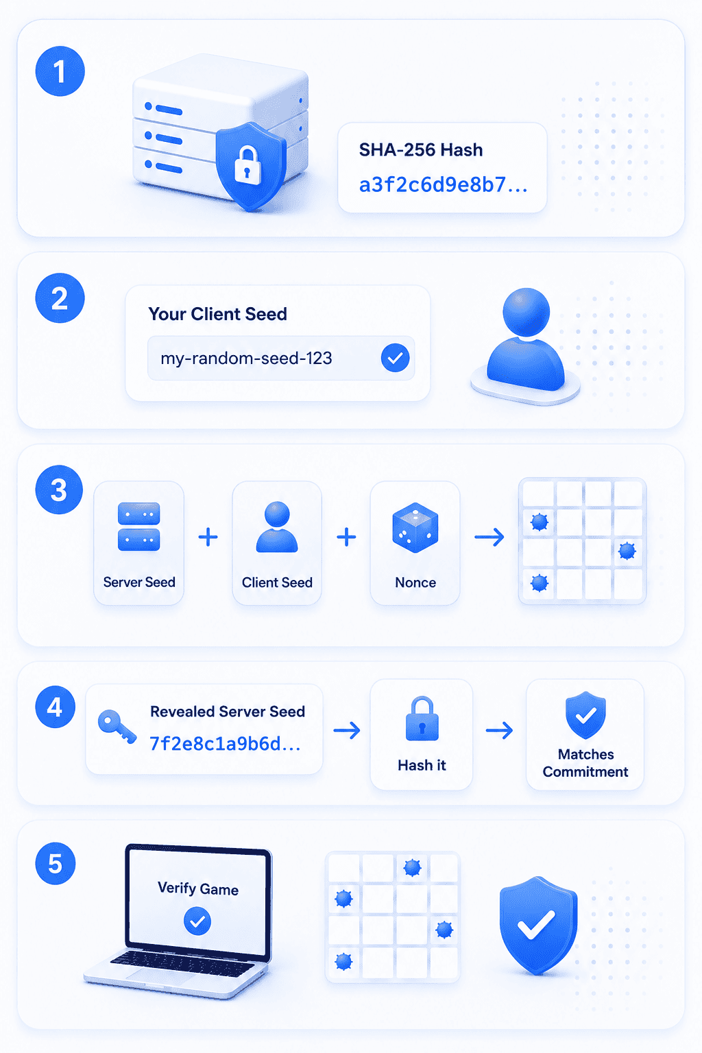 Five-step provably fair flow: hashed server seed, player client seed, mine derivation, seed reveal, and independent verification