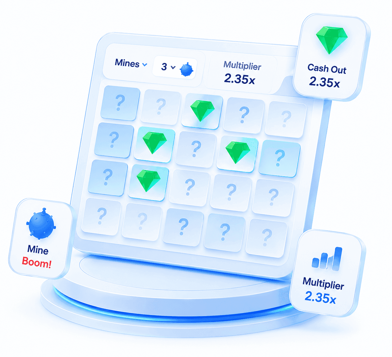 Mines game board with revealed gems, a mine-count selector, and a 2.35x cash-out multiplier