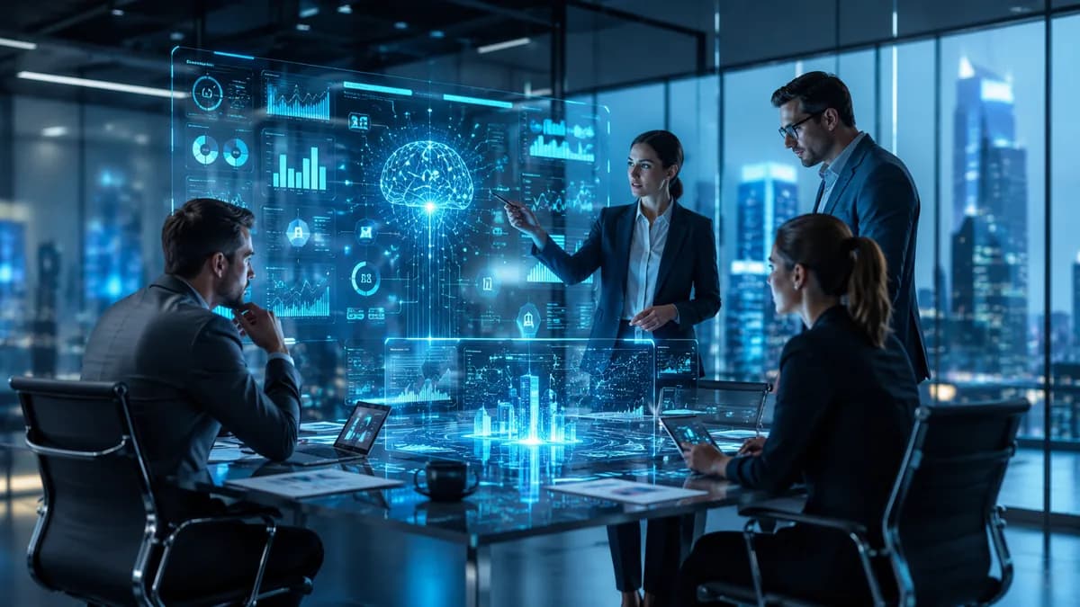 Business team reviewing AI analytics dashboards in a meeting room