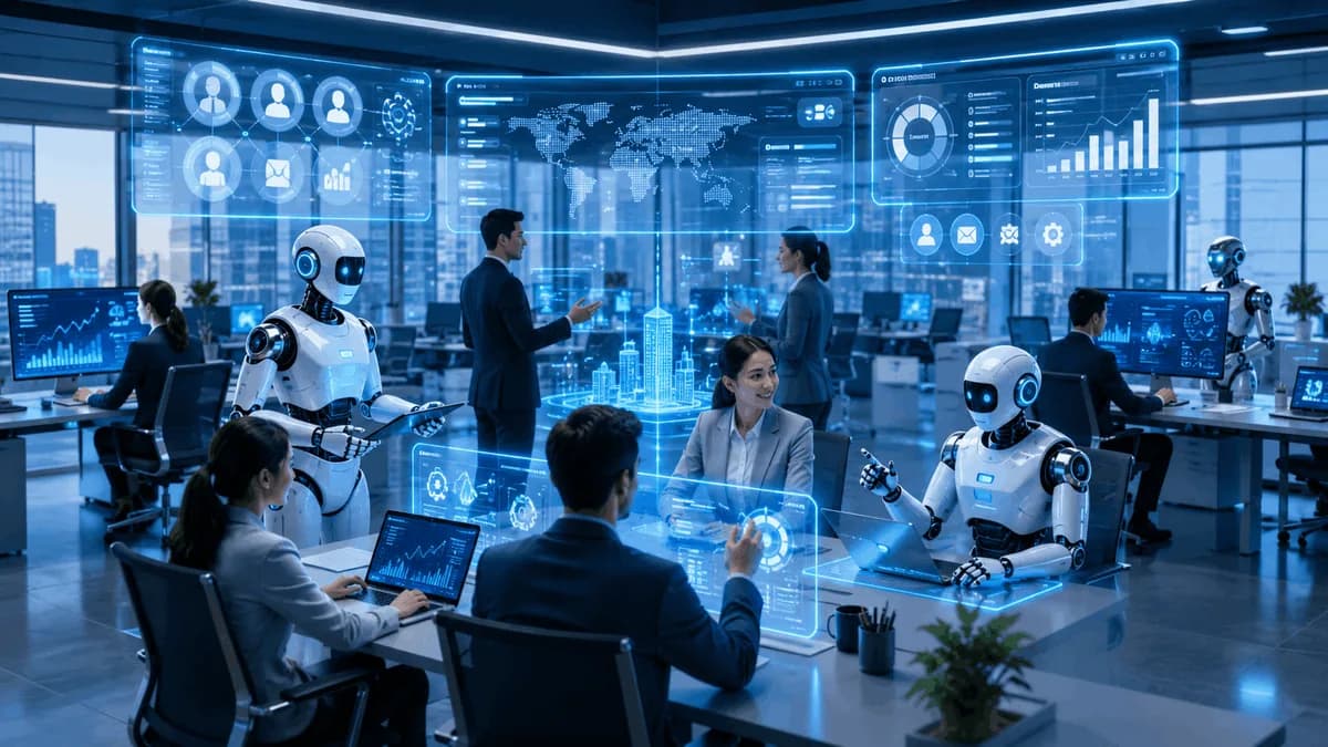 Illustration of AI agents handling tasks alongside office staff